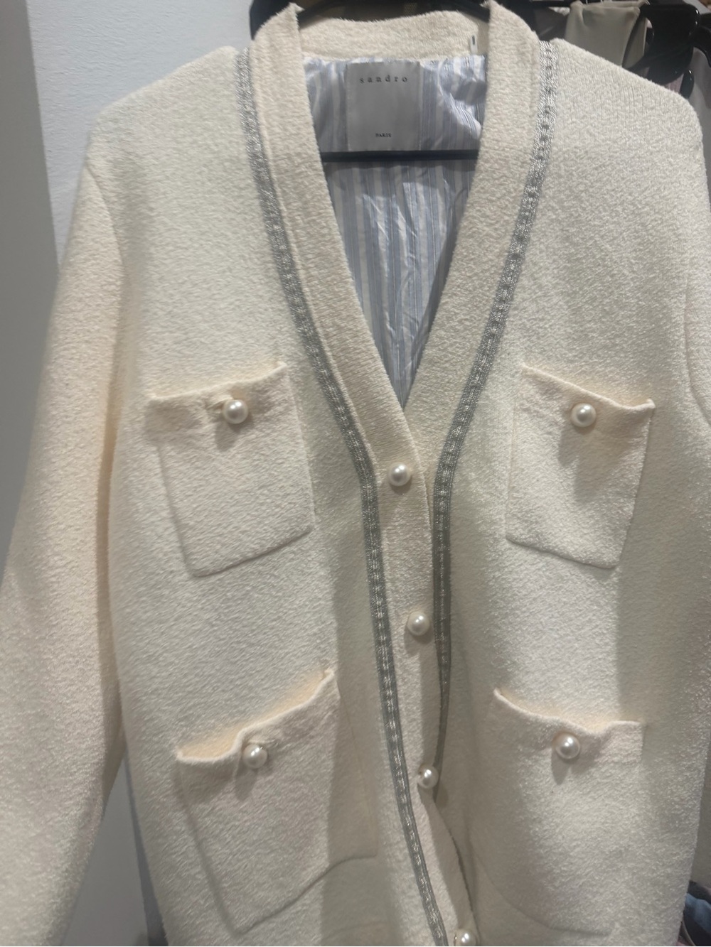 Sandro Paris Aldy Ecru Bouclé Pearl Button Long Cardi Coat NWOT